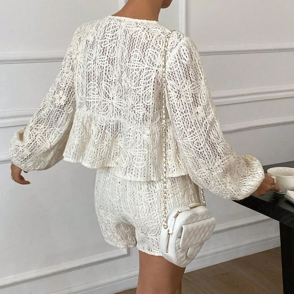 Casual Women's Floral Front Tie Lantern Sleeve Blouse With Shorts Set